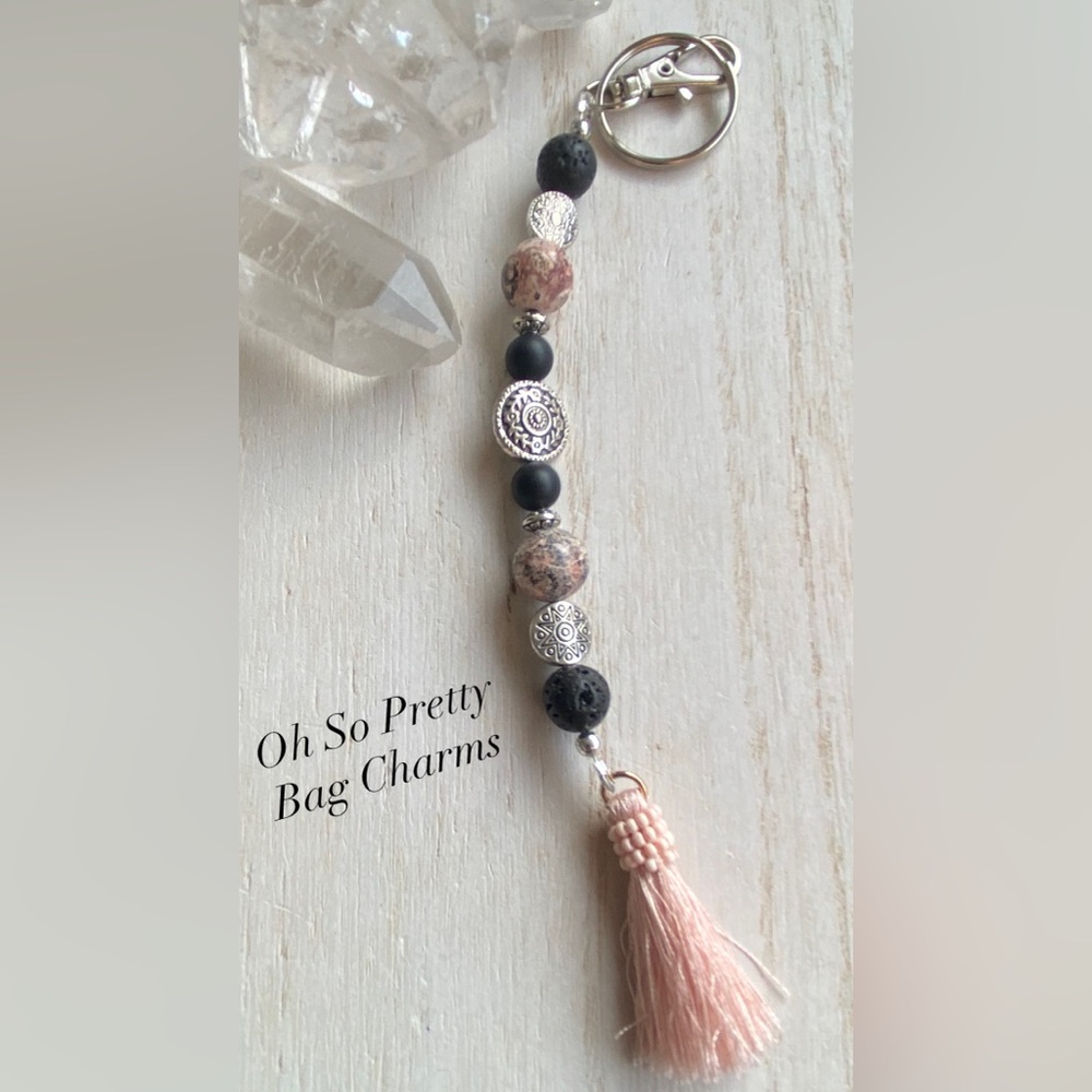 2/$35 Hand Crafted Pink and Black Essential Oil Gemstone Bag Charm/Keychain